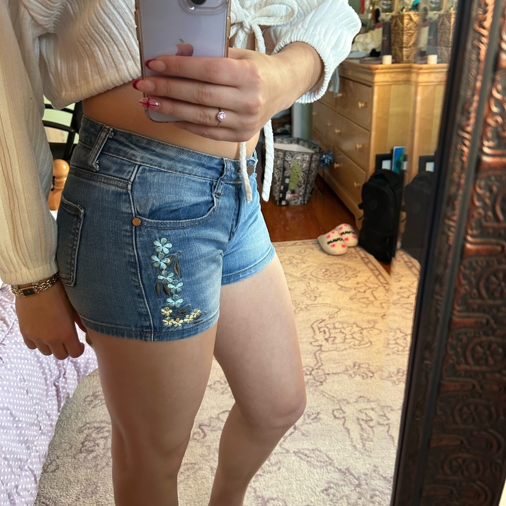 harper floral embroidered denim shorts